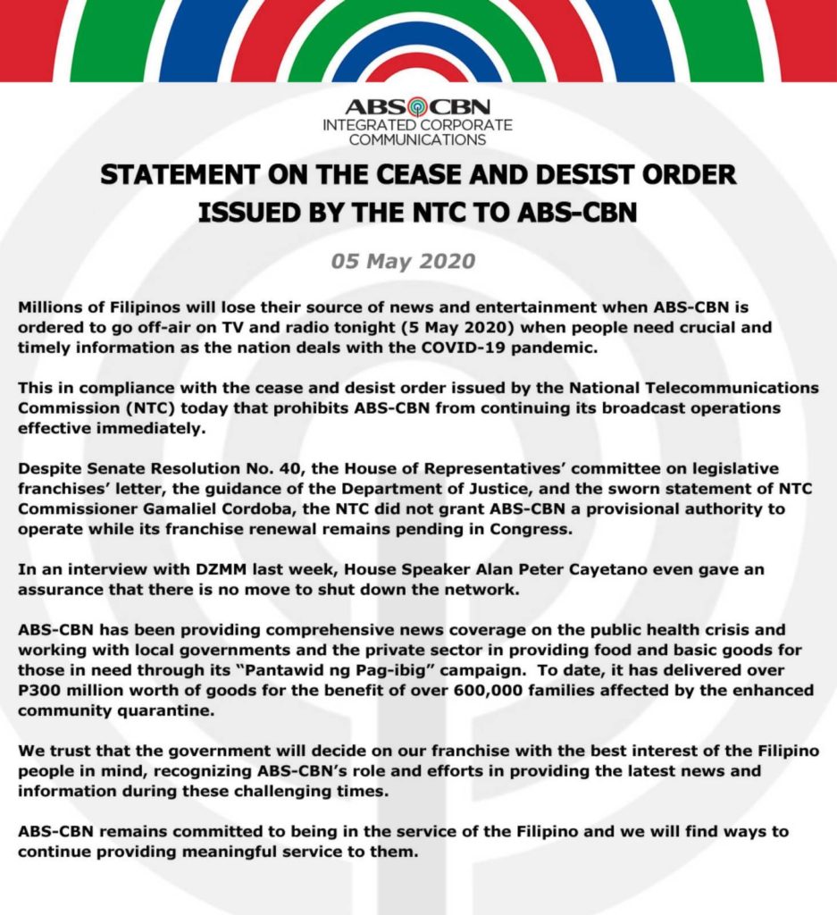 NTC Orders Broadcasting Giant ABS-CBN to Shutdown Immediately 1